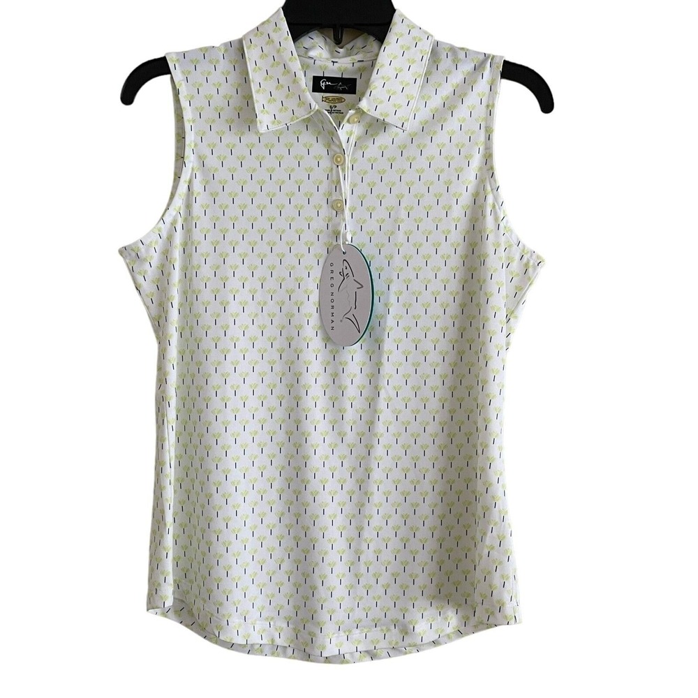 Greg Norman Play Dry Sleeveless Polo Shirt Womens Small White Lime Green Floral